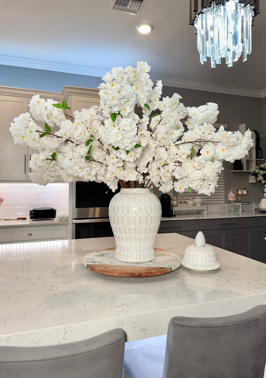 Aria White Cherry Blossom Branches Set of 3 Artificial Silk Stems Faux White Floral Bundle for Home, Wedding & Event Decor